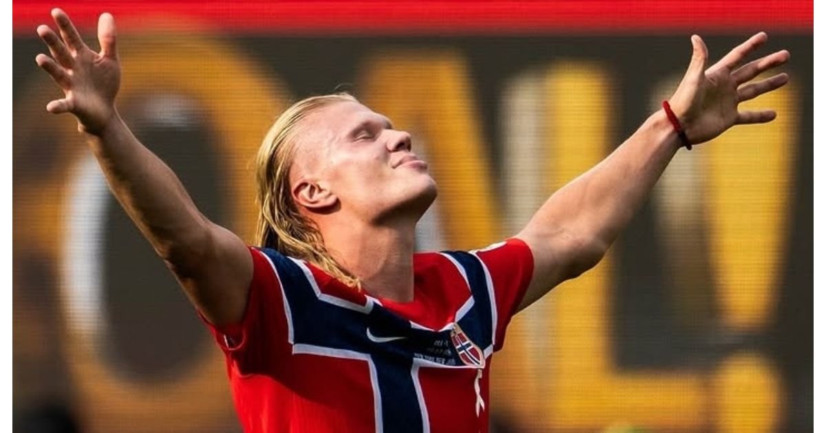 Ujung tombak Timnas Norwegia, Erling Haaland saat melakukan selebrasi usai menjebol gawang Brazil.