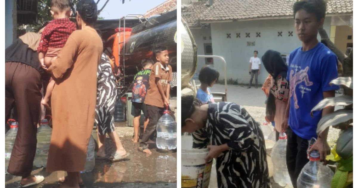 Warga Kecamatan Rancabungur, Kabupaten Bogor, saat mendapatkan bantuan air bersih yang disalurkan BPBD Kabupaten Bogor.