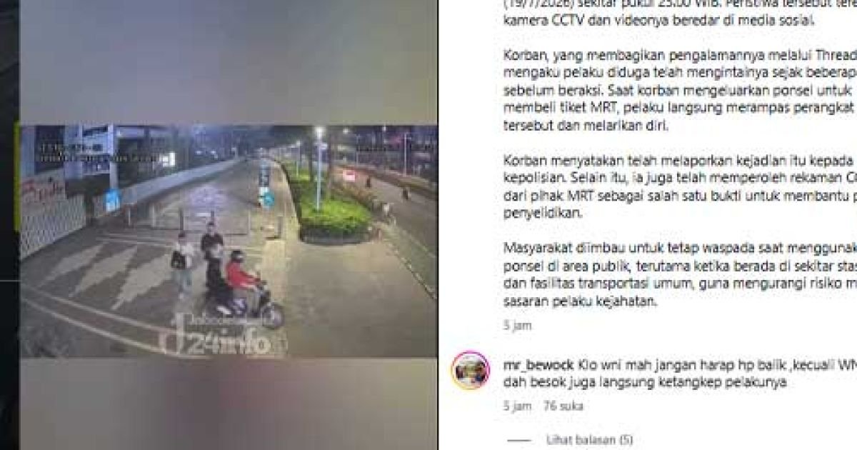 Pelaku diduga mengintai korban sebelum merampas ponsel di area Stasiun MRT Setiabudi, Jakarta Pusat. Polisi menyelidiki kasus dengan bukti rekaman CCTV. (Instagram @jabodetabek24info)