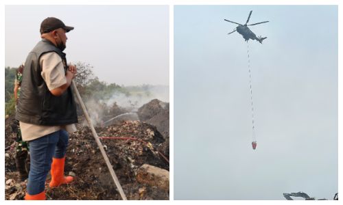 Helikopter TNI AU Bantu Padamkan Api di TPA Galuga Bogor